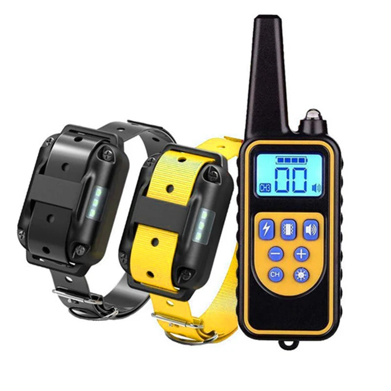 Two dog collars and a remote control device on a white background with 'For 2 Dogs' text.
