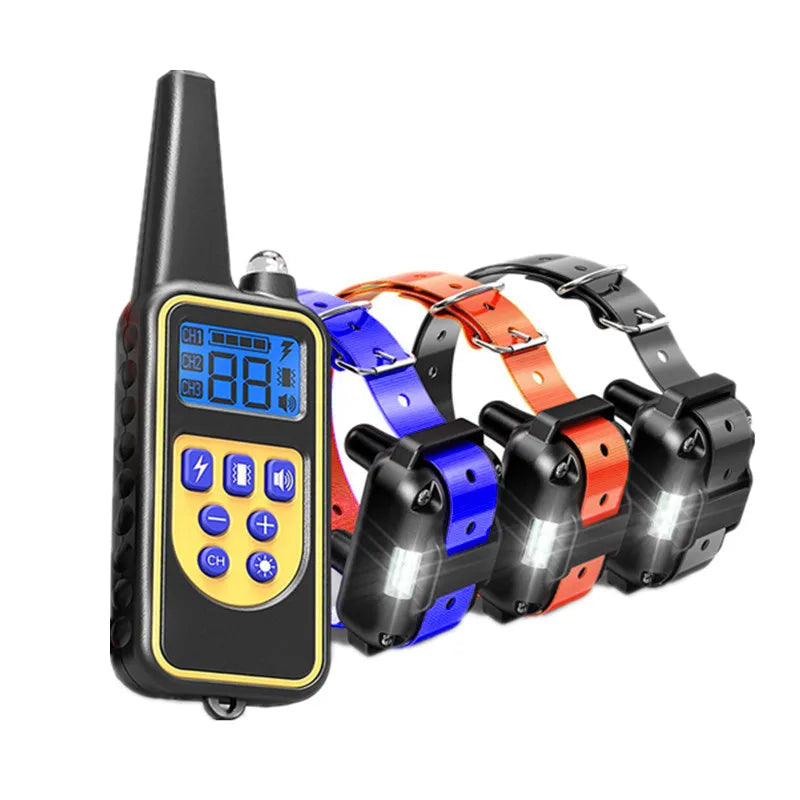 Dog training collar set with remote control for three dogs on a white background