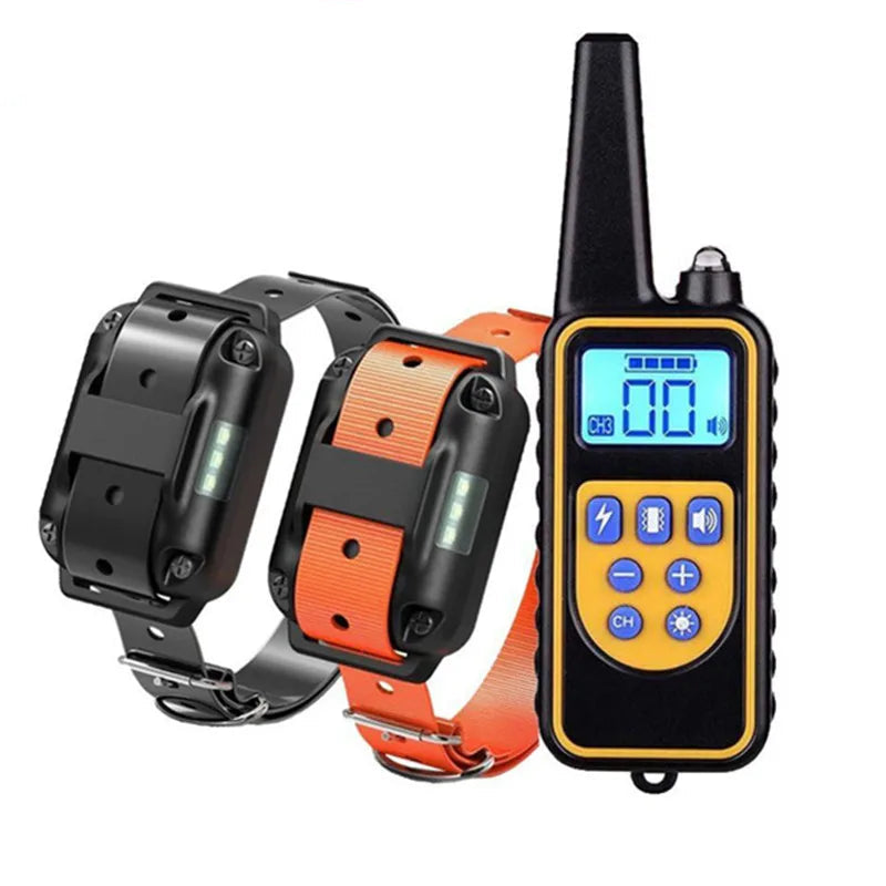 Two dog collars and a remote control for two dogs on a white background.