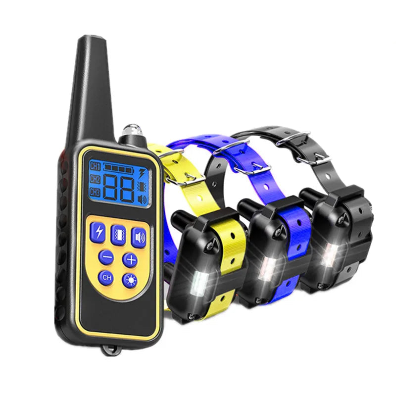 Dog training collar set with remote control for three dogs on a white background