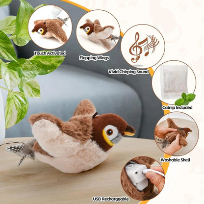 Interactive Cat Toy – Rechargeable Chirping Bird with Catnip Plush