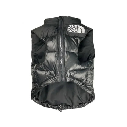 Black puffer vest with a brand logo on a white background