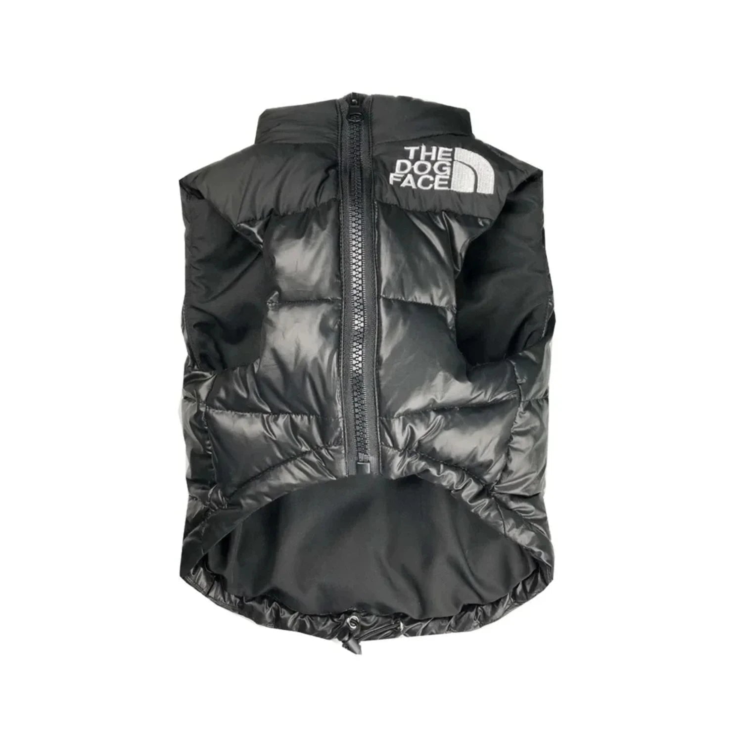 Black puffer vest with The North Face logo on a white background