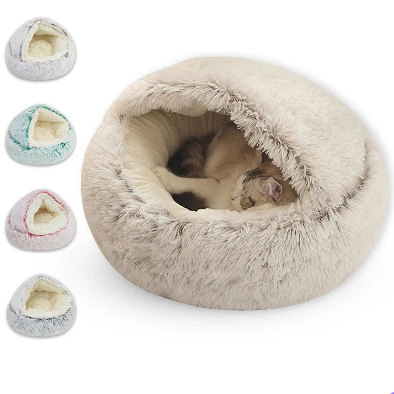 Cat Bed with Cover – Warm Soft Plush Sleeping Nest for Cats & Small Dogs