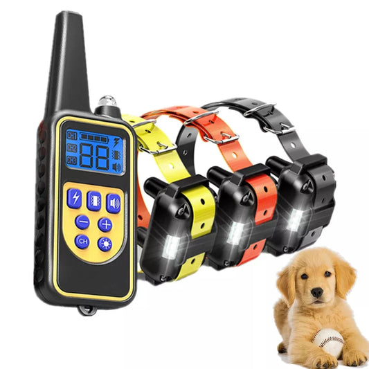 800m Waterproof Dog Training Collar with remote control and three collars displayed, accompanied by a puppy.