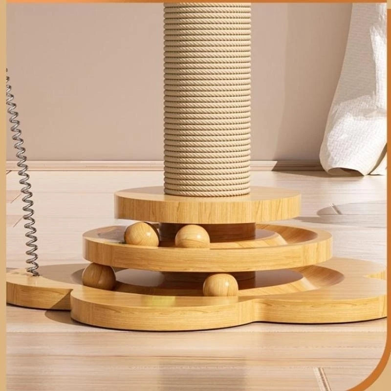Pet Cat Toy – Solid Wood Turntable with Sisal Balls & Scratching Board