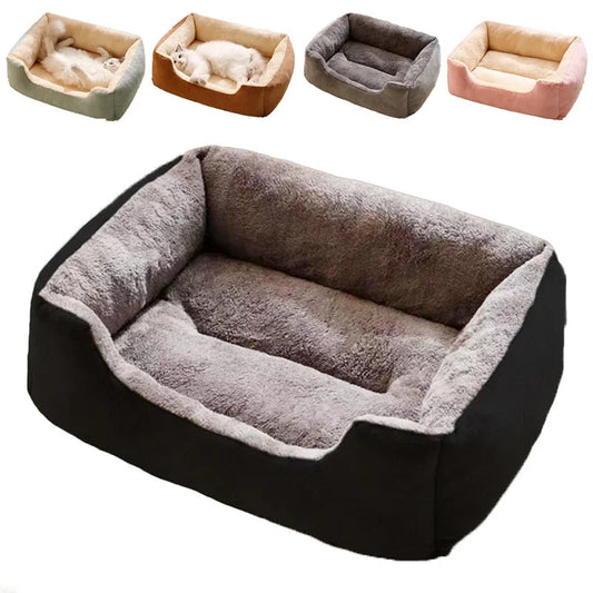 Pet bed in various sizes with a cat inside, displayed against a white background.