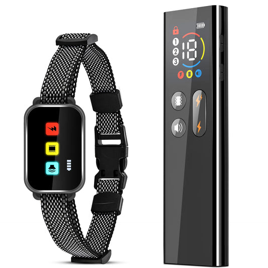 Black dog collar with digital display and remote control on a white background