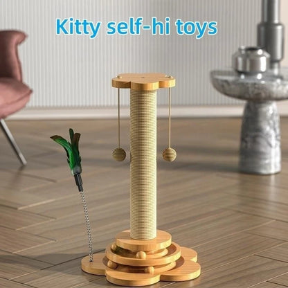 Pet Cat Toy – Solid Wood Turntable with Sisal Balls & Scratching Board