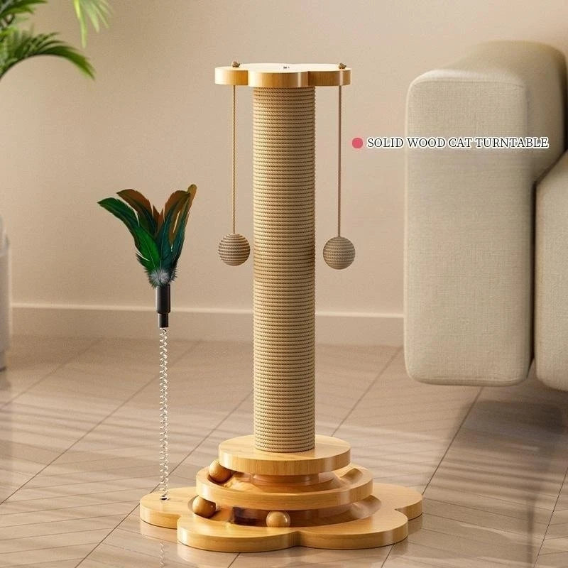 Pet Cat Toy – Solid Wood Turntable with Sisal Balls & Scratching Board