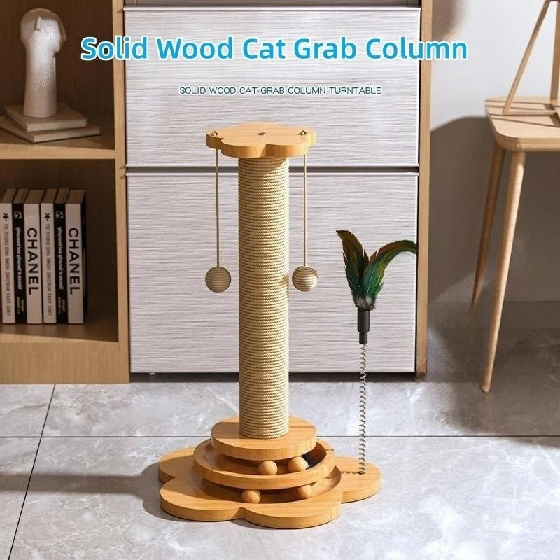 Pet Cat Toy – Solid Wood Turntable with Sisal Balls & Scratching Board