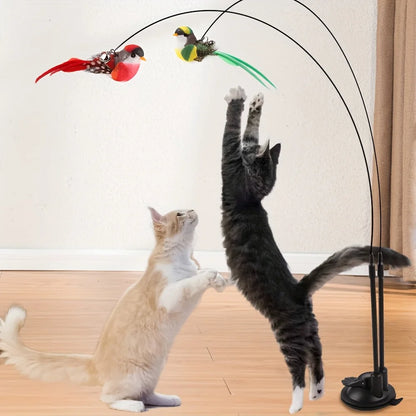 Interactive Cat Teaser Wand Set – Realistic Feather Birds with Long Pole & Double Rod