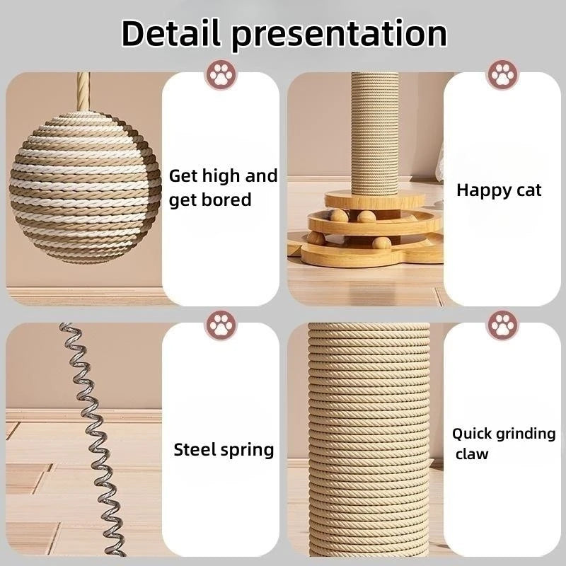 Pet Cat Toy – Solid Wood Turntable with Sisal Balls & Scratching Board