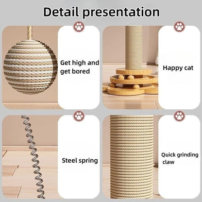 Pet Cat Toy – Solid Wood Turntable with Sisal Balls & Scratching Board