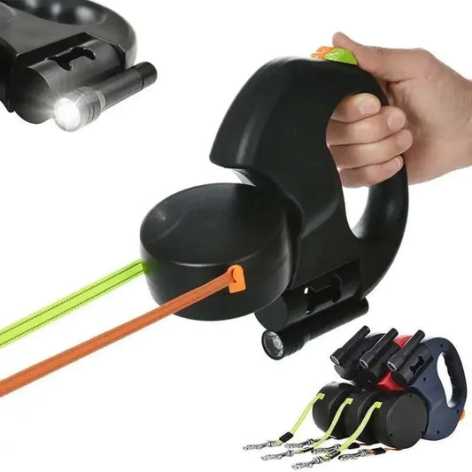 Retractable Dual Dog Leash with LED Light & Waste Bag Holder